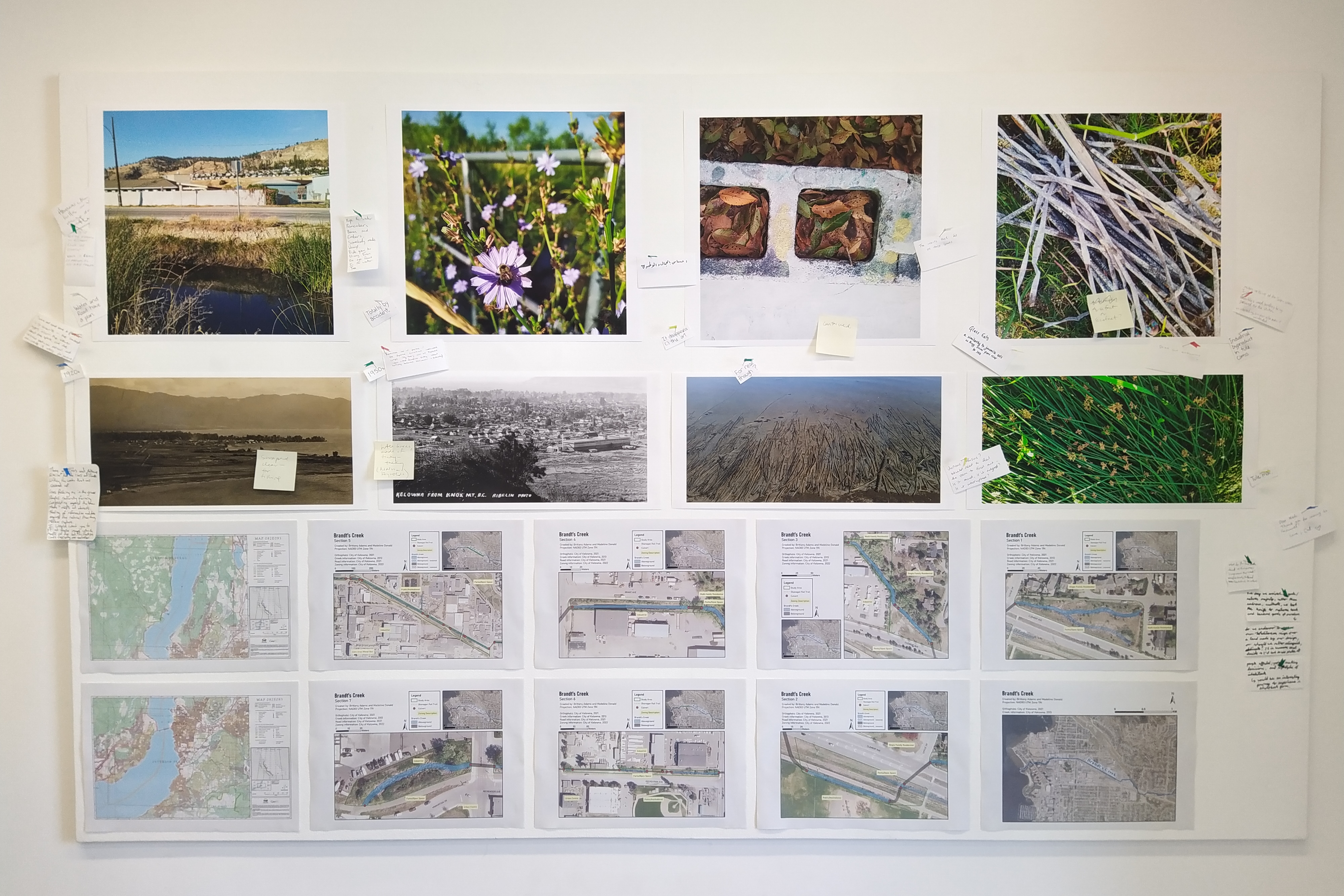 Two rows of photos of plants and infrastructure hang above two rows of maps depicting the location and flow of Brandt's Creek, Kelowna, British Columbia. Between the photos and maps are note cards pined with different handwriting on each of them.