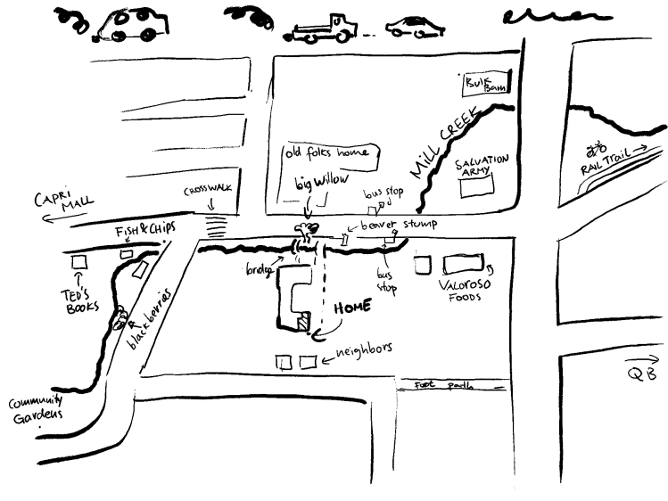 A hand drawn map of a suburban neighborhood of medium density. Drawn in black and white.